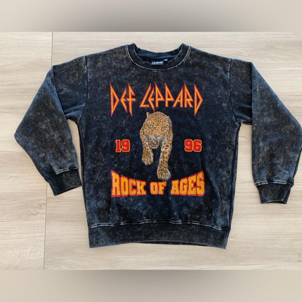 Def Leppard Rhinestone Bedazzled Sweatshirt Grey Sz Medium